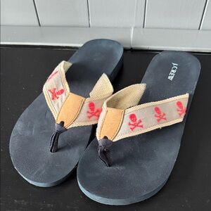 J. Crew Navy Footbed Flip Flops with Tan Straps and Red Skull Print